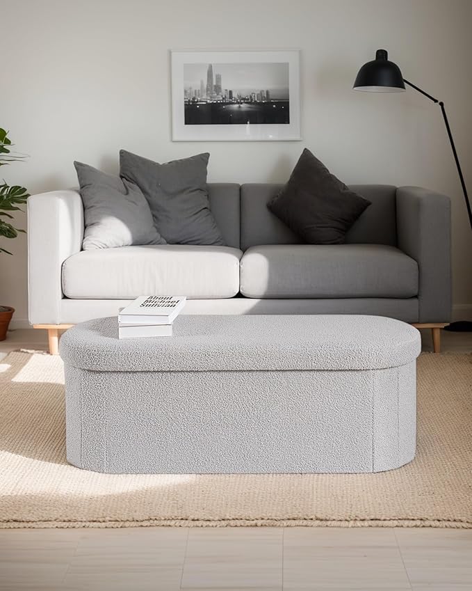 Storage Ottoman Bench, 43.3" Oval Upholstered Ottoman Foot Rest Foldable Boucle End of Bed Storage Bench for Living Room, Entryway, Grey