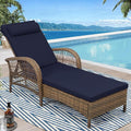 WINGTU Outdoor Chaise Lounge Chair, PE Wicker Long Recliner Patio Lounge Chair with Cushion, 6-Position Patio Reclining Sun Lounger with Adjustable Backrest for Poolside, Armrest & Pillow, Navy Blue