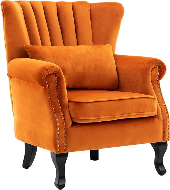DM Furniture Velvet Accent Chairs Set of 2 with Arm Comfy Living Room Chair Mid-Century Modern Wingback Side Chair Single Sofa Couch for Bedroom Guest Room, Orange
