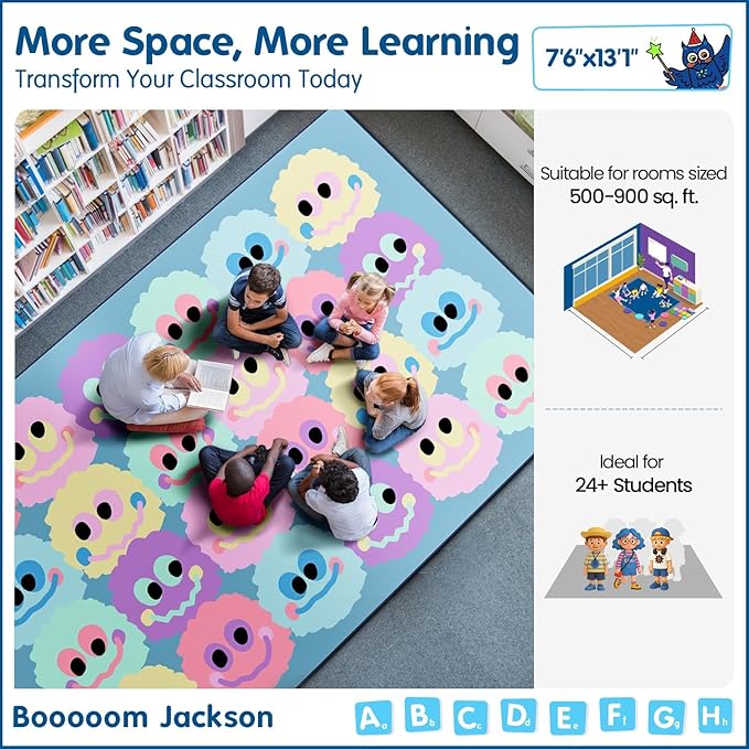 Booooom Jackson 7'6''x13' Pastel Plush Smileys Classroom Rug for Kids Room Seating Décor - Thick Nylon Large Preschool Carpet Daycare Rug for Teaching & Playroom, Non-Slip &No Triping,20X Stain Resist