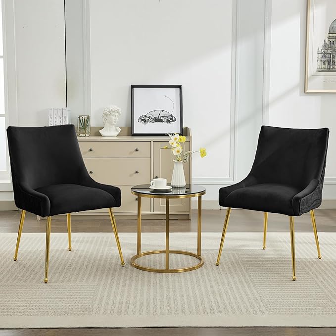 WUTUTUEE Velvet Dining Chairs Set of 6 Gold Legs,Upholstered Velvet Accent Chairs, Pleated Back Design & Gold Pull Handle, Mid Century Modern Chairs for Dining/Kitchen/Living Room,Black