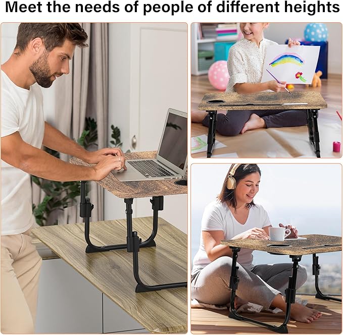 DECOSIS Laptop Desk for Bed Height Adjustable, Lap Bed Table with USB/Storage Drawer/Cup Holder/Tablet Stand/Book Shelf, Foldable Breakfast Tray Portable for Reading Writing, Sofa & Floor, Carbonized