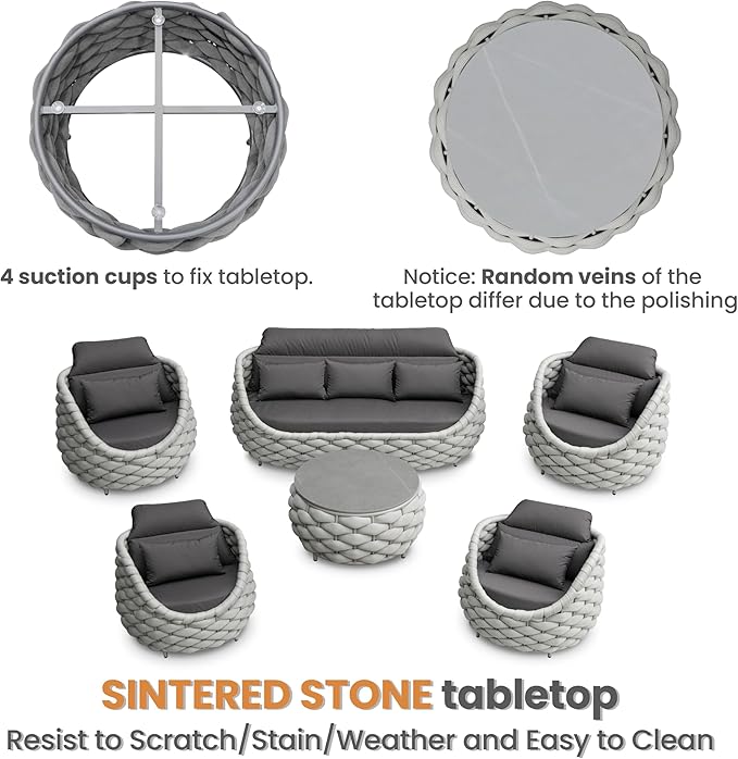 Erotr 6 Pieces Rope Patio Furniture Set: Aluminum Outdoor Couch Set Cushioned - Assembled Conversation Sofa Set Modern - Metal Porch Seating for 7 Person - All Weather for Deck Garden Poolside Hotel