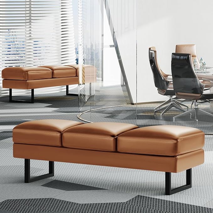 JUMMICO Office Chair Seating Waiting Room Chair, 59.6 inches Upholered Reception Bench 3 Seat Faux Leather Office Guest Chair Conference Room Chair for Salon and Shop (Brown)