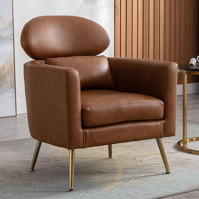 DM Furniture Brown Accent Chair PU Leather Upholstered Living Room Chairs Mid Century Modern Arm Chair w/Golden Legs for Bedroom/Reading/Lounge/Reception