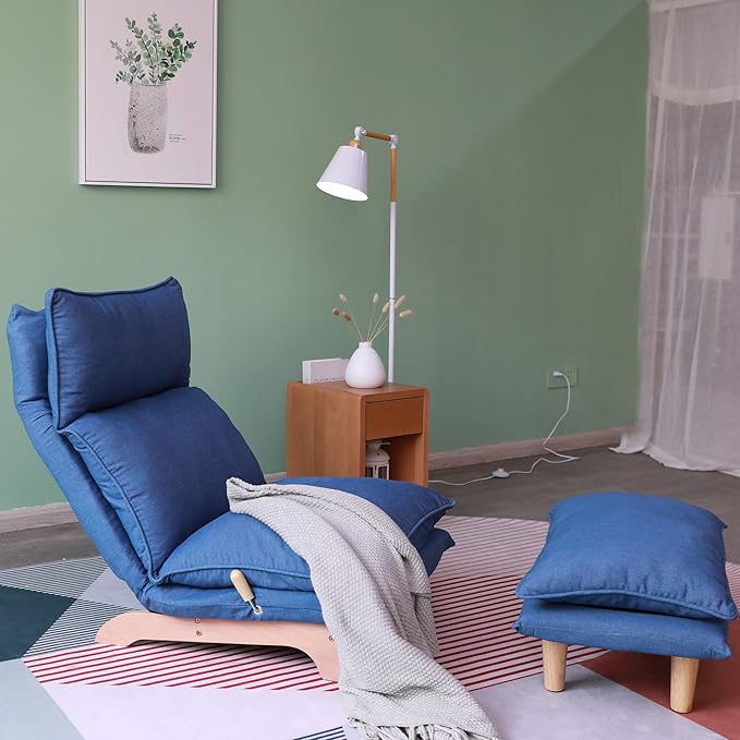 Dark Blue Lazy Floor Lounger with Ottoman, Adjustable Floor Chair Bean Bag Style Tatami Sofa with Thick Cushions and Back Support, Comfy Lounge Seating for Adults, Gaming & Bedroom Relaxation