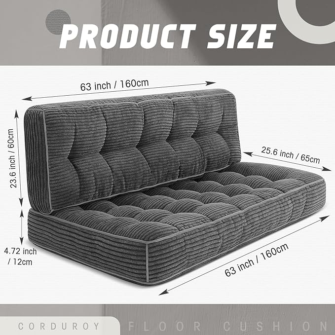 Vercraft 63 Inch Folding Bench Cushion, 4 Inch Thick 2-in-1 Convertible Long Floor Lounger Boneless Cushions Couch Mattress Upholstered for Yoga, Reading, Sleeping, Meditation Living Room(Dark Grey)