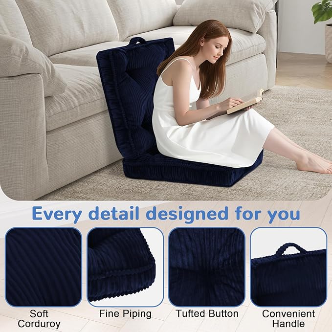PRIMEPATIO Square Floor Pillow for Adults, Tufted Floor Cushion for Sitting, Large Meditation Cushion, Thick Corduroy Seat with Handle, Tatami Seating for Yoga, 24x24 Inch Navy Blue, 1Pack