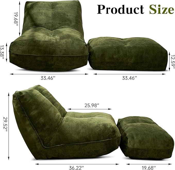 Cvortll Bean Bag Chair with Ottoman, Comfy Bean Bag Sofa with Memory Foam, Lazy BeanBag Sofa with Footstool, Fireside Bean Bag Couch for Living Room, Bedroom, Apartment (Green)
