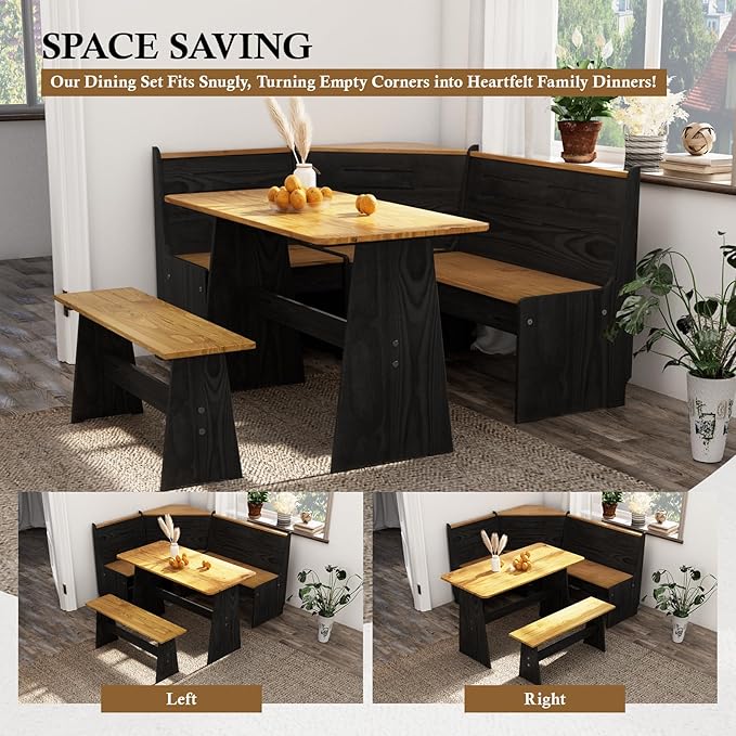 Breakfast Nook Table Set – L-Shaped Corner Dining Bench Set, Kitchen Nook Booth Dining Table, Space-Saving Banquette Seating for Apartment or Dining Room, Modern Black Wood Corner Table Set