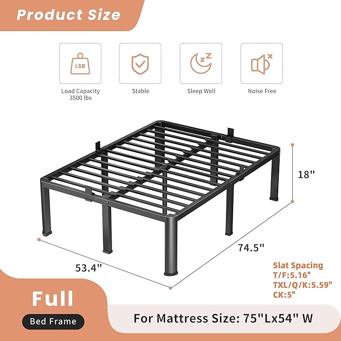 VIPSHOW 18 Inch Full Heavy Duty 3500 lbs Bed Frame with Round-Corner Legs & Anti-Squeak Design – Quick Assembly Metal Platform, No Box Spring Needed
