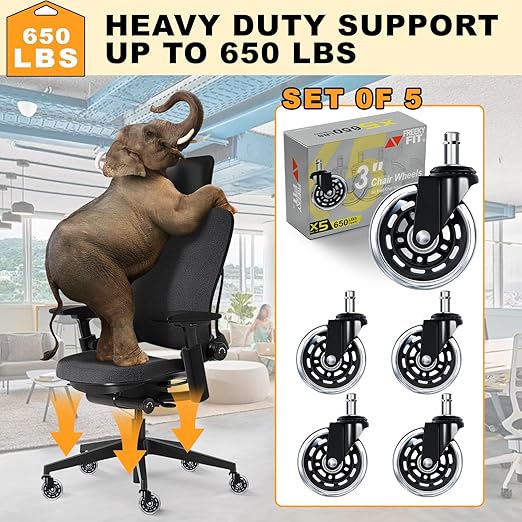 FreekyFit Office Chair Wheels for Casters Replacement - 3" Rubber Wheels for Computer Gaming Desk Caster Smooth & Safe Rolling for All Floors Including Hardwood and Carpet - Set of 5 - Modern