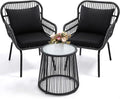 wildformers 3 Pieces Rattan Wicker Bistro Set, Outdoor Conversation Set, Wicker Furniture Set with Glass Top Table, Space Saving for Balcony, Backyard, Black