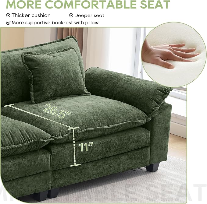 Oprisen 86" Modular Sectional Sofa, Comfy Cloud Couch Sectional Sofa, Chenille Sofa Sleeper Deep Seat Sofa with Throw Pillows for Living Room (Green, 86"- Loveseat)