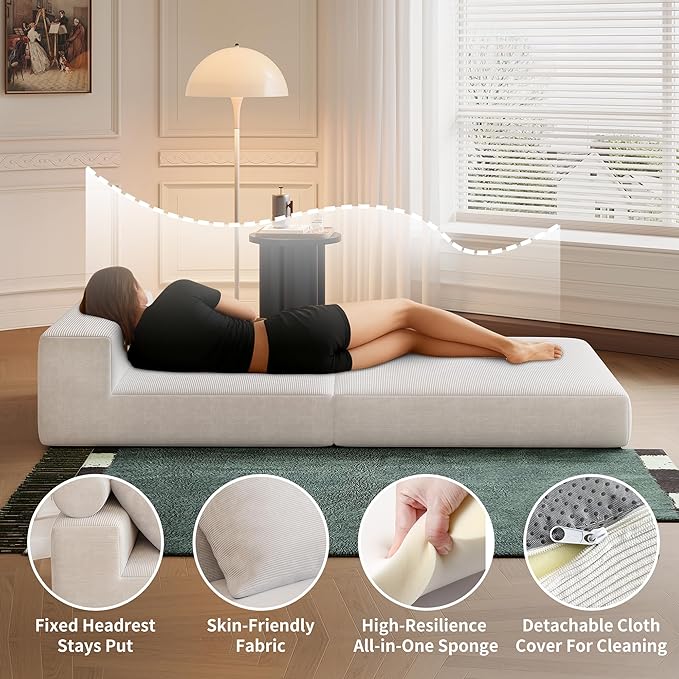 Folding Sofa Bed – Convertible Sleeper Chair Bed with Pillows/Single Floor Couch/Small Futon Couch Filled with High-Density Foam for Lounge, Guest Room or Office (White)