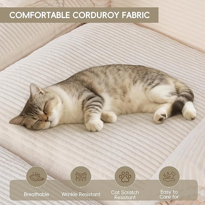 Buytime 65.6" Chaise Lounge Chair Indoor, Boneless Upholstered Sofa Bed, Corduroy Comfy Sleeper Chair for Living Room and Bedroom, Cream Beige