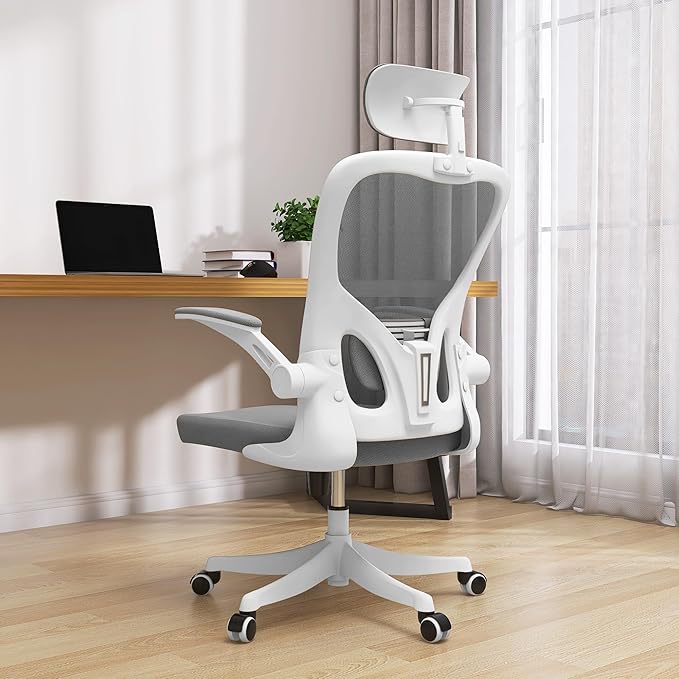 Office Chair Ergonomic Desk Chair with Lumbar Support&Headrest&Flip-up Arms Height Adjustable Rocking Swivel High Computer Chair Multi-Angle from 90° to 130° with 350LBS Capacity (02White+Grey)