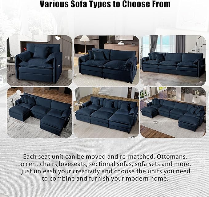 RENDGO 143" Modular Sectional Sofa, Chenille Cloud Couch for Living Rooms & Apartment, Deep Seat Comfort, Flexible U-Shape Combination Sofa for Family Guest Rooms,2 Ottoman,Blue