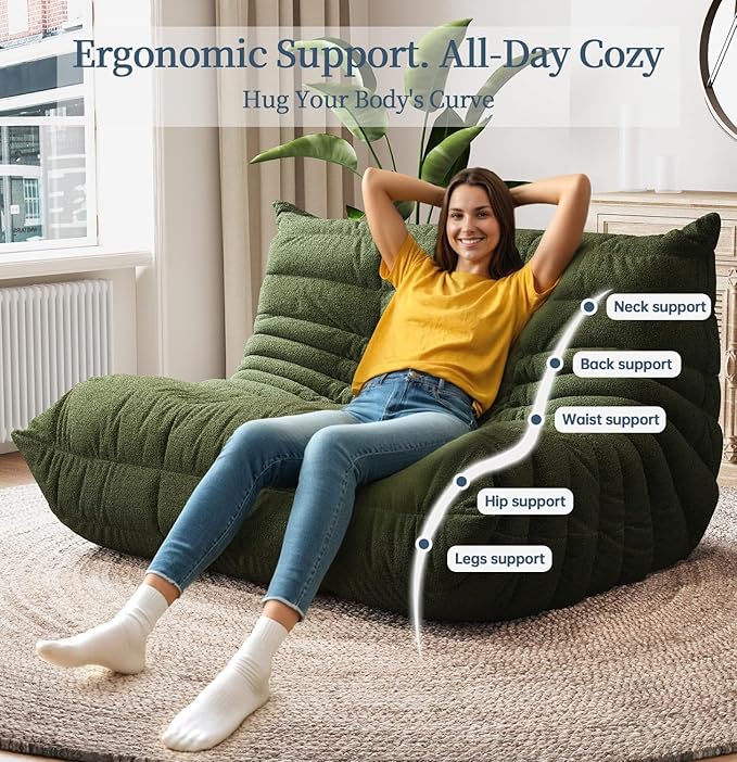Selyteramy Bean Bag Chairs for Adults, Giant Bean Bag Chair Sofa with Memory Foam, Comfy Beanbag Loveseat Lazy Sofa for Living Room, Bedroom, Apartment, Green