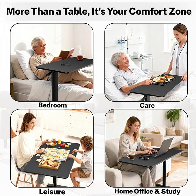 Adjustable Overbed Bedside Table with Wheels(31.2" W), Hospital Bed Table Over The Bed, Mobile Standing Desk Rolling Computer Cart, Laptop Desk with Hidden Casters