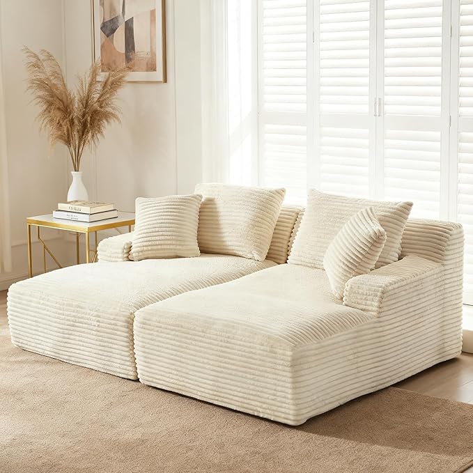 VEPXXP 80" Double Chaise Lounge Chair Indoor, Oversized Boneless Couch Comfy Upholstered Sleeper Sofa Bed with 4 Pillows, Corduroy Cloud Loveseat Chair for Living Room No Assembly Required, White