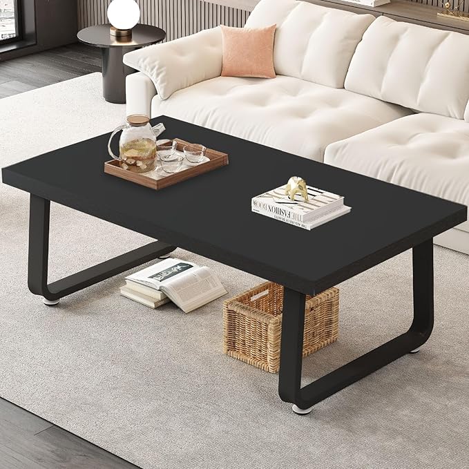 HSH Black Modern Coffee Table, Rustic Wood and Metal Center Table, Farmhouse Simple Living Room Coffee Tables, Industrial Minimalist Wooden Tea Coffee Table for Bedroom Home Office, Black Oak, 39 in