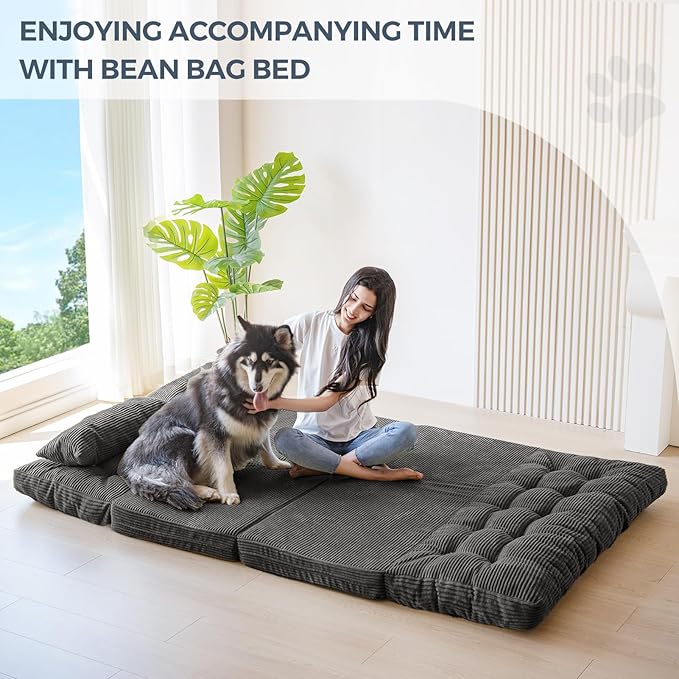 MAXYOYO Bean Bag Bed Tufted Folding Sofa Bed with Pillows Floor Mattress for Adults, Extra Thick and Long Floor Sofa, Full Couch for Bedroom Living Room, Dark Grey, 54x91 Inch