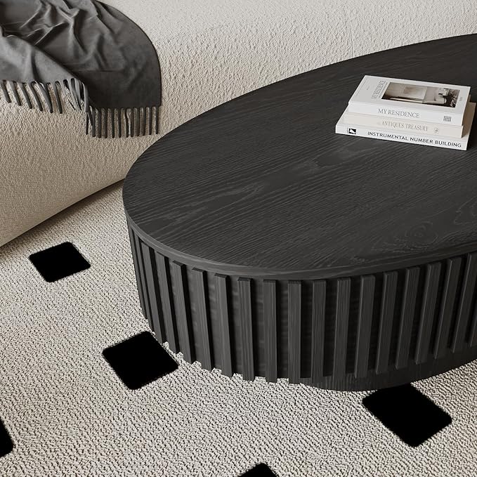 Oval Coffee Table for Living Room Modern Wood Center Tables with Storage Drum Tea Cocktail Fluted Mid Century Apartment Easy Assemble, Black 31.5" D x 47.2" W x14.2 H
