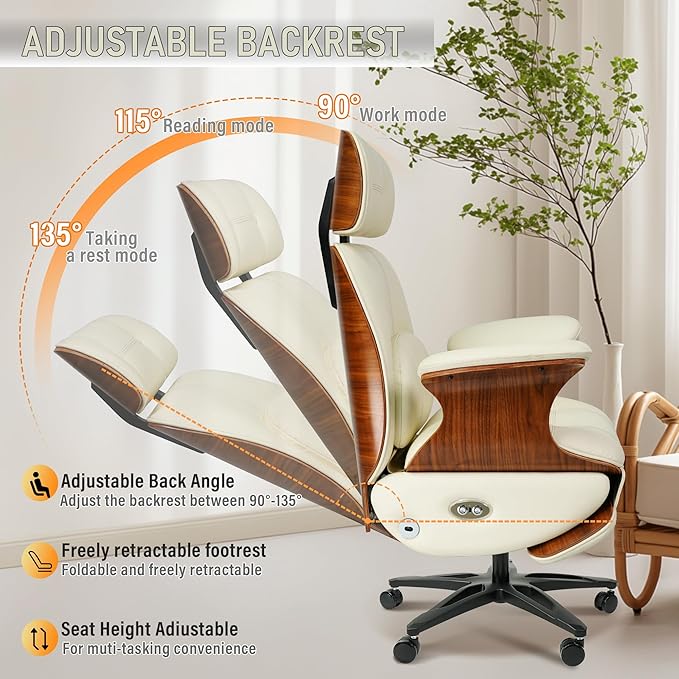 Genuine Leather Office Chair with Electric Reclining, Footrest, Lifting and Massage Function, 350lbs Capacity Ergonomic Executive Chair with Alu Base and 360° Wheels for Home Living Room