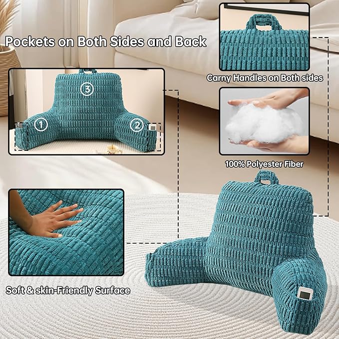 PAJEO Reading Pillow for Sitting in Bed, Large Backrest Reading Pillow with Arm Rest,Back-Rest Support Cushion for Sit Up on Couch, Sofa, and Floor, Dorm Essentials (Dark Green Corduroy, Large(19"))