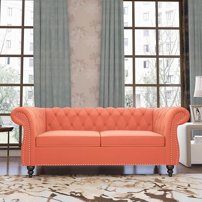 QHITTY Accent Sofa, Chesterfield Loveseat Modern Velvet Couch Upholstered Sofa with Tufted Back for Living Room Furniture (Orange)
