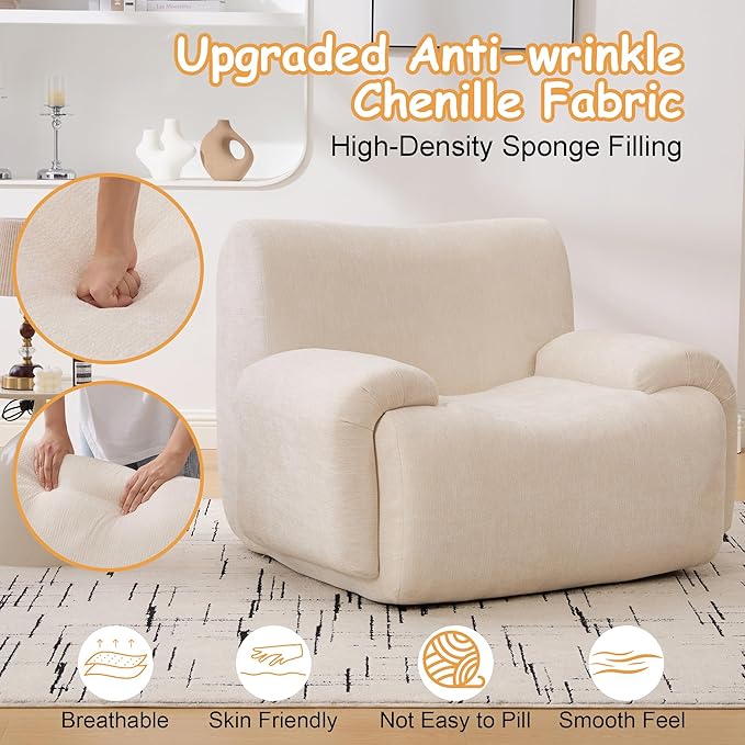 Boneless Chair, 42" W Oversized Single Sofa Chair for Living Room, Chenille Cloud Comfy Chairs, Foam Couch Armchair for Bedroom, Apartment, Office. Reading, No Assembly(Beige)
