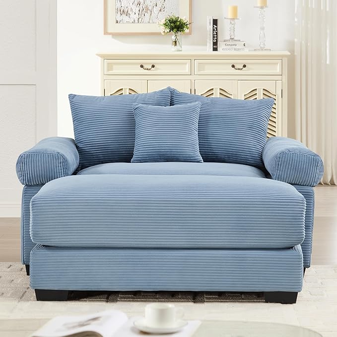 KEIKI 54" Oversized Corduroy Modular Sectional Single Sofa with 1 Ottoman, High-Density Foam Cushions, Extra-Thick Armrests, Modern 1-Seater Lounge Accent Chair with 3 Pillow, for Living Room, Blue