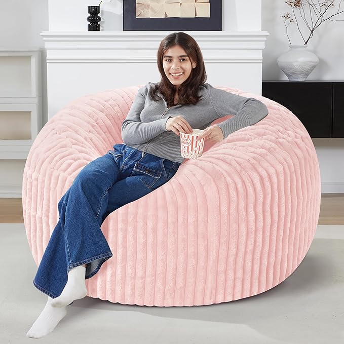 Homguava 3 FT Bean Bag Chair,3' Big Bean Bag,Large Bean Bag Chairs for Adults with Memory Foam Filled,Comfy Beanbag Chairs Soft Bean Bag Sofa with Dutch Corded Plush Cover-Soft Pink