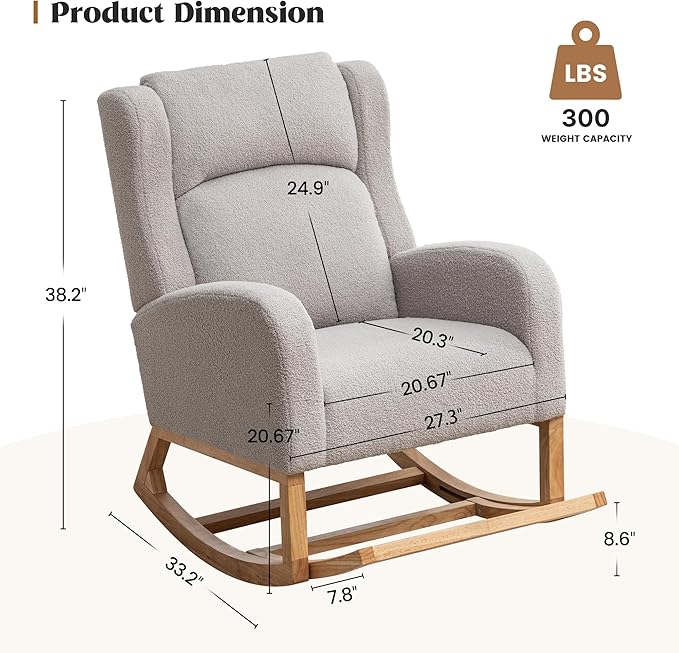 HCHAIRH Rocking Chair Nursery, Nursing Rocking Chairs for Mom Nursery, Comfy Wingback Glider Rocking Armchair with Foot Rest and Side Pocket for Nursery Living Room Bedroom, Teddy Grey