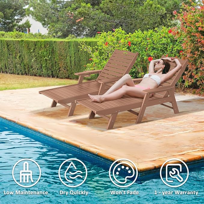 nalone Chaise Lounge Set of 2 Outdoor with 5-Position Adjustable Backrest, HDPE Lounge Chair for Outside Supports Up to 400 LBS, Pool Lounge Chairs for Patio Poolside Deck Beach Backyard (Teak)