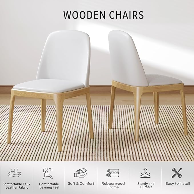 Beige Upholstered backrest Wooden Dining Chairs Set of 4, Beige Upholstered Faux leather Dining Room Chair,SolidWood Frame wood color Side Chairs with Quiet Non-Slip Round Mat for Farmhouse Kitchen