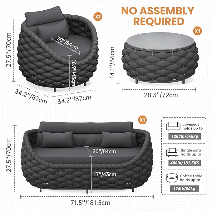 Erotr Rope Patio Furniture Set: 4 Pieces Aluminum Outdoor Couch Set Cushioned - Assembled Porch Conversation Sofa Set Modern - Metal Patio Seating for 5 Person Deck Garden Poolside Hotel, Dark Gray