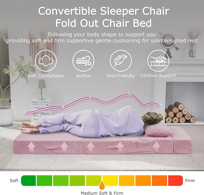 HILERO Folding Sofa Bed, 4 in 1 Convertible Sleeper Chair with Pillow, Single Memory Foam Fold Out Chair Bed, Modern Floor Futon Sofa Couch Mattress for Living Room/Guest/Apartment, Pink