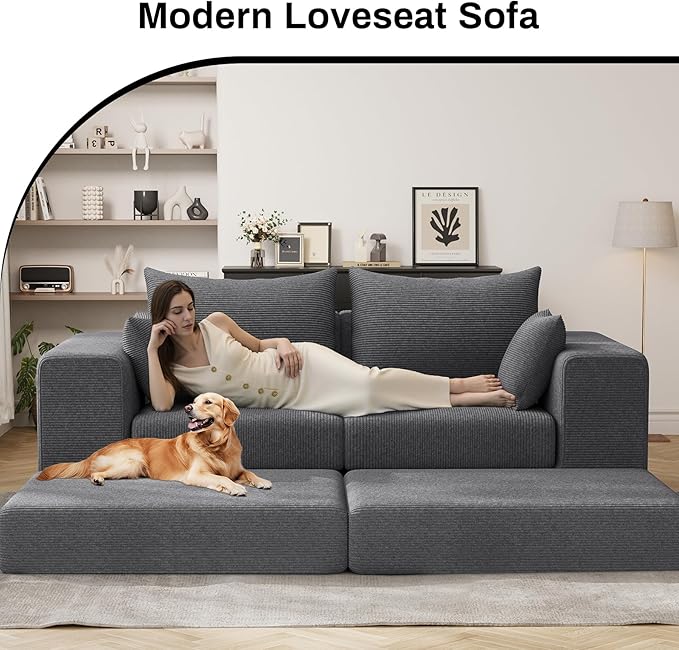 DAMAIFROM 80" Convertible Sleeper Sofa Bed with Soft Pillow, Corduroy Folding Mattress Couch with L-Shape Chaise, Modular Floor Sofa Lounge Couch for Living Room Bedroom Lounge (Grey)