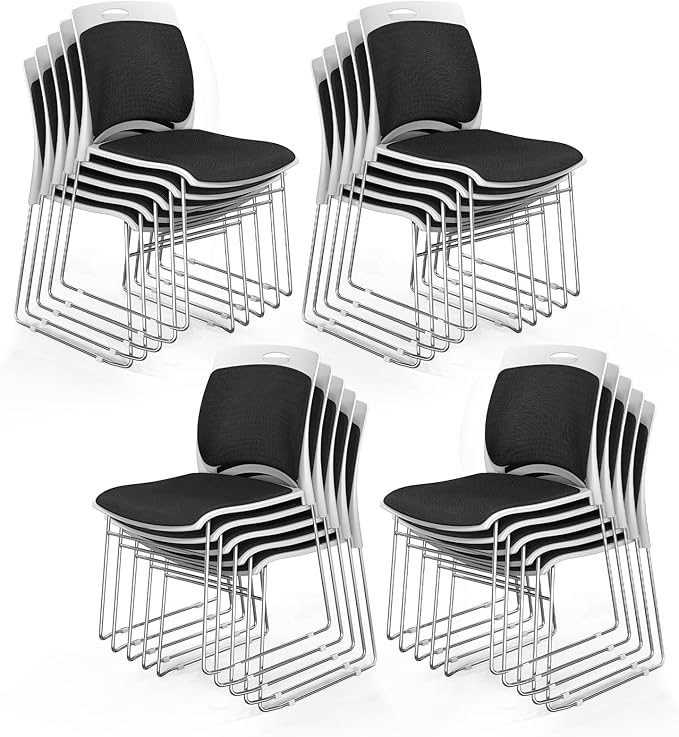 VINGLI Stackable Chairs Set of 20 Stacking Office Chairs with Metal Sled Base, Ergonomic Plastic Padded Seat & Back, Capacity 350lbs, Stacking Chairs for Waiting Room Break Room Banquet Guest, Black