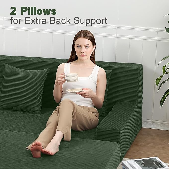 MeMoreCool Boneless Folding Sofa Bed, Corduroy Convertible Sleeper Chair, Foldable Foam Mattress Chair, Comfy Fold‑Out Futon Couch Bed, Large Floor Sofa Couch for Living‑Room Guest Dark Green