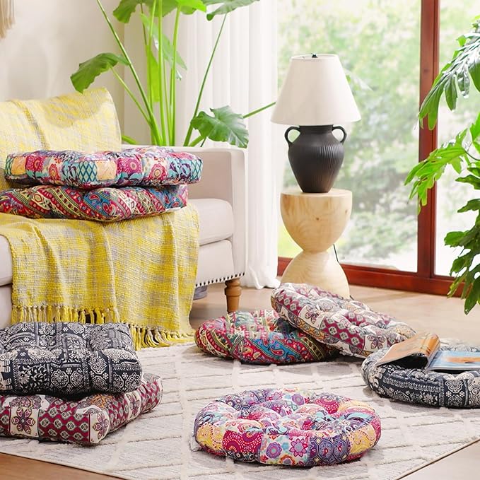 Codi Round Meditation Floor Cushions, Large Pillow Sitting for Adults and Kids, Boho Seats for Reading Yoga Living Room Tatami, Memory Foam Added, 22x22 Inch, Paisley Boho