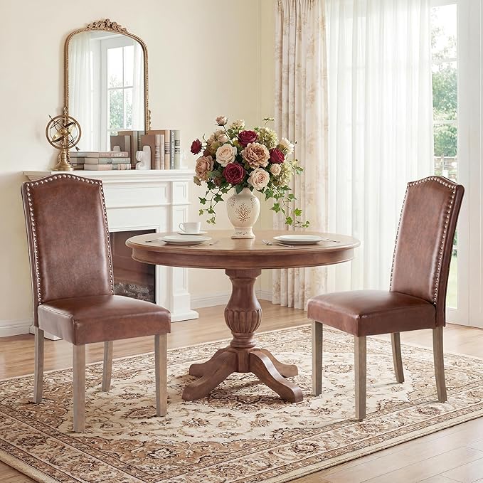 SNUGWAY Upholstered Dining Chair Stylish Parsons Kitchen High Back with Silver Nailhead Trim & Wood Legs, 2-Pack, PU Light Brown