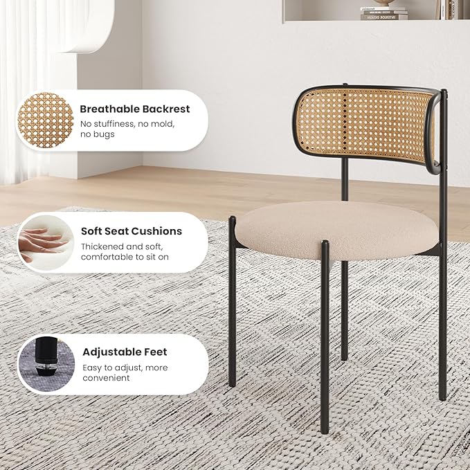 Farini Dining Chairs Set of 4,Mid-Century Modern Kitchen Chair Rattan Backrest Round Upholstered Sherpa Dining Chairs with Metal Legs,Light Brown