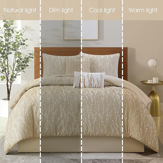 Grand Avenue 6 Piece Cotton Taupe Comforter Set, California King Size Jacquard Bedding Set, All Season Floral Leaves Bedding Set, Matching Pillows, Shams, Bed Skirt
