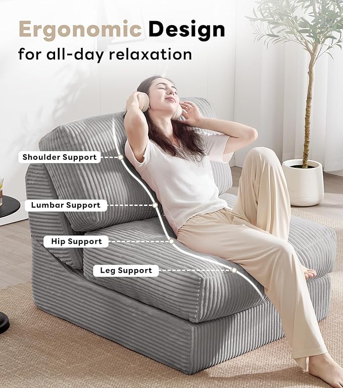 Tbfit Folding Sofa Bed, Convertible Sleeper Chair with Large Pillow, Corduroy Folding Couch Bed, Portable & Foldable Mattress Boneless Floor Sofa for Living Room, Bedroom, Office, Grey, Single
