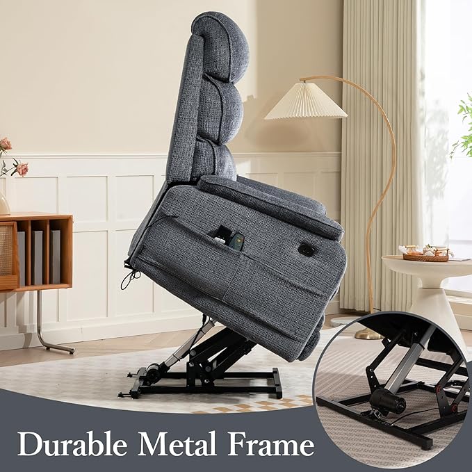 Oversized Power Lift Recliner Chair, Big Tall Man Lay Flat Ergonomic Lounge with Extended Footrest for Elderly People, Single Sofa Heat & Massage. Home Theater Seat, USB&Type-C Port (Chenille, Grey)