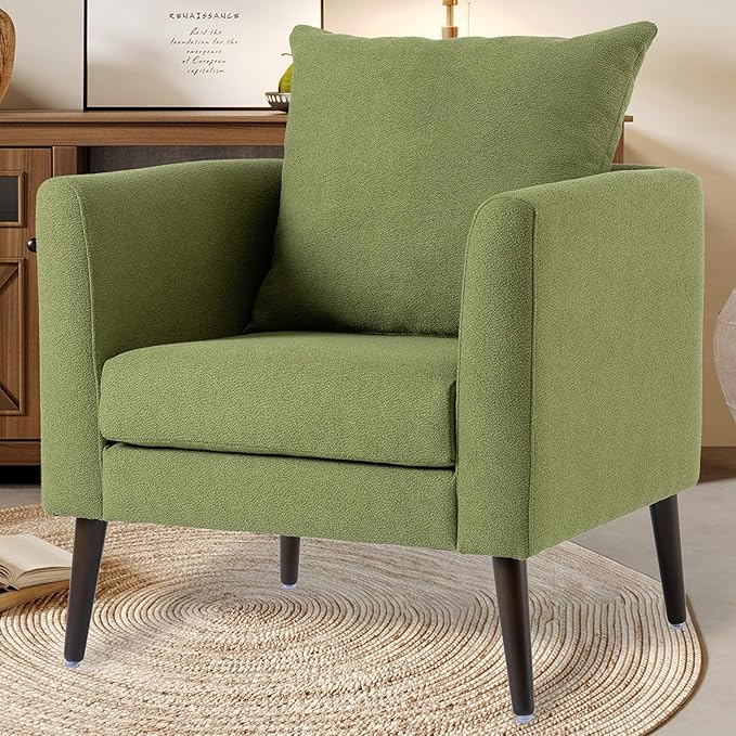 QKFF Barrel Accent Chair with Back Pillow, Large Upholstered Armchair with Solid Wood Legs Modern Reading Chairs for Living Room Bedroom