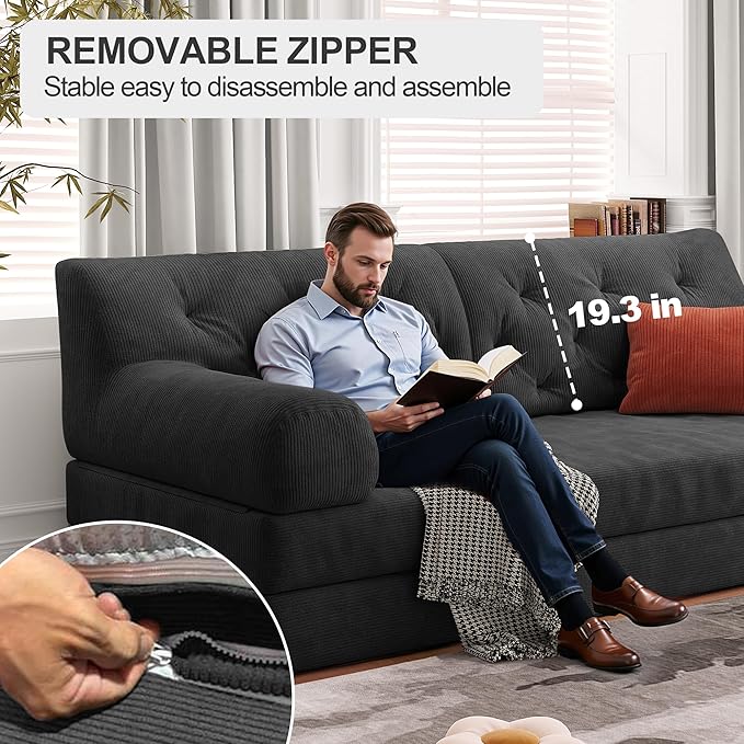 Carzzi-Life 79" Convertible Sofa Bed with Pillows, Corduroy Folding Sleeper Sofa with Fixed-Shape Frame, Boneless Couch for Living Room Bedroom, Floor Sofa Lounge No Assembly Required (Grey)